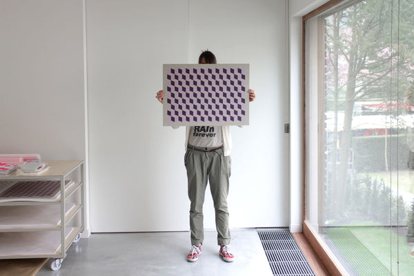 Cubes Pink Purple on grey cardboard