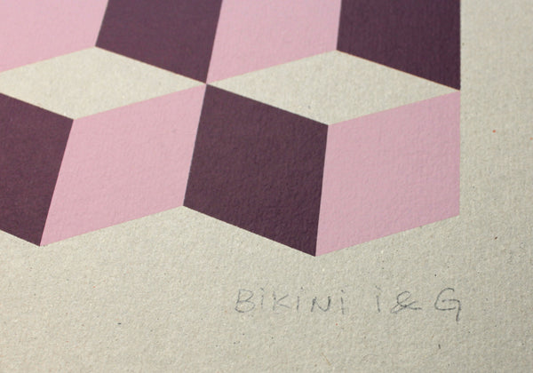 Cubes Pink Purple on grey cardboard